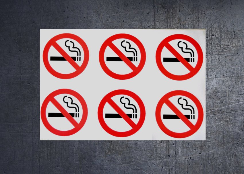 (image for) 6 x No smoking stickers for internal or external use 8.5cm diameter. - Click Image to Close